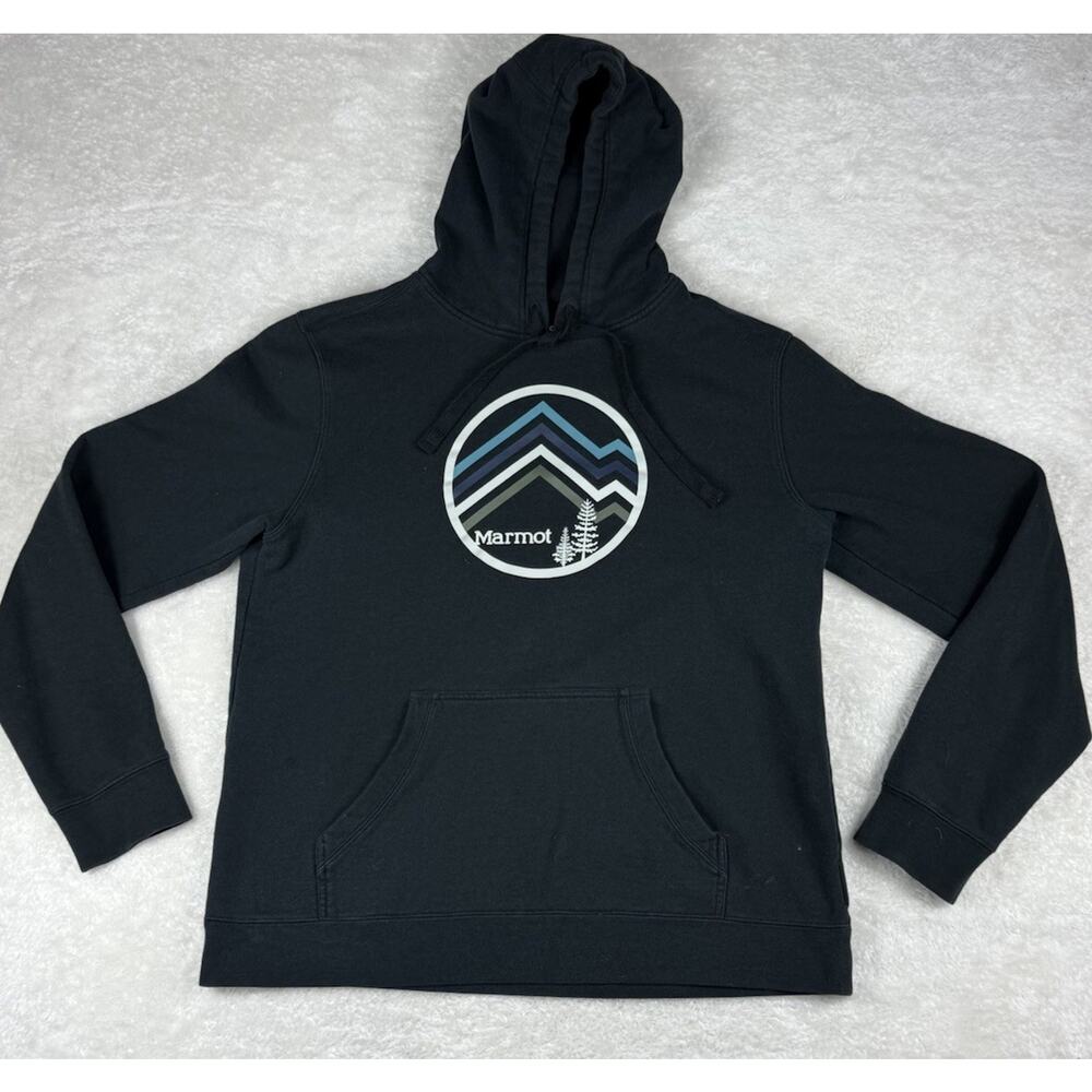 Marmot Hoodie Black Graphic Logo Pullover Fleece Hooded Men's Size Large